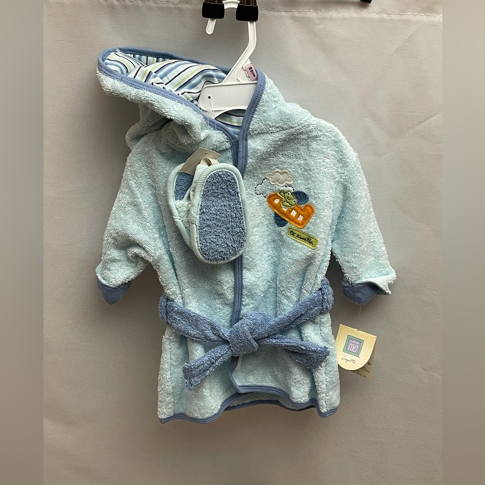 Little Me Blue Hooded Baby Bathrobe & Booties Set 0-9M Frog NWT